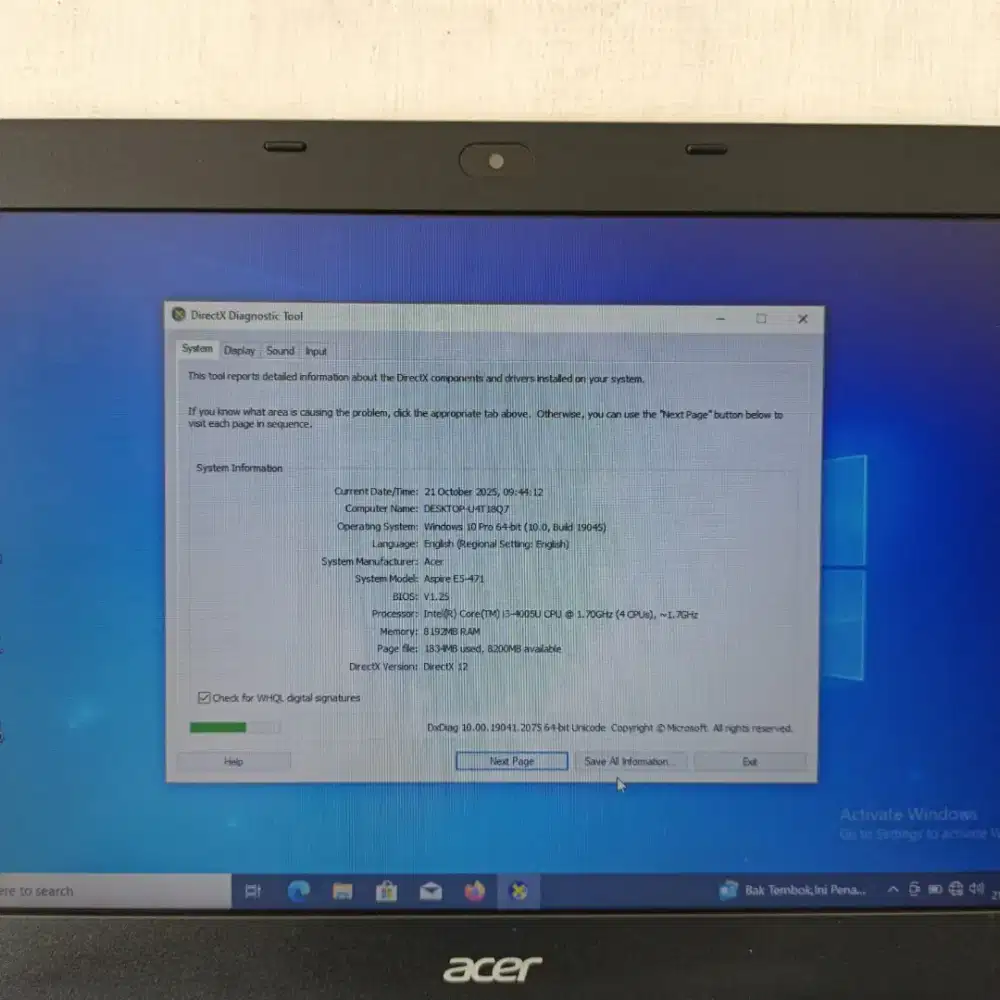 JUAL LAPTOP ACER E5-471 INTEL CORE i3-4005U RAM 8GB HDD 500GB