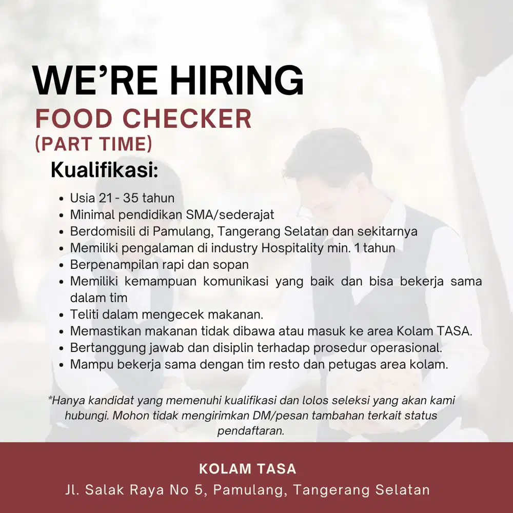 Lowongan Part Time Upselling & Checker Dapur TASA