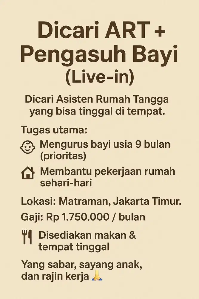 dicari ART beberes dan momong anak
