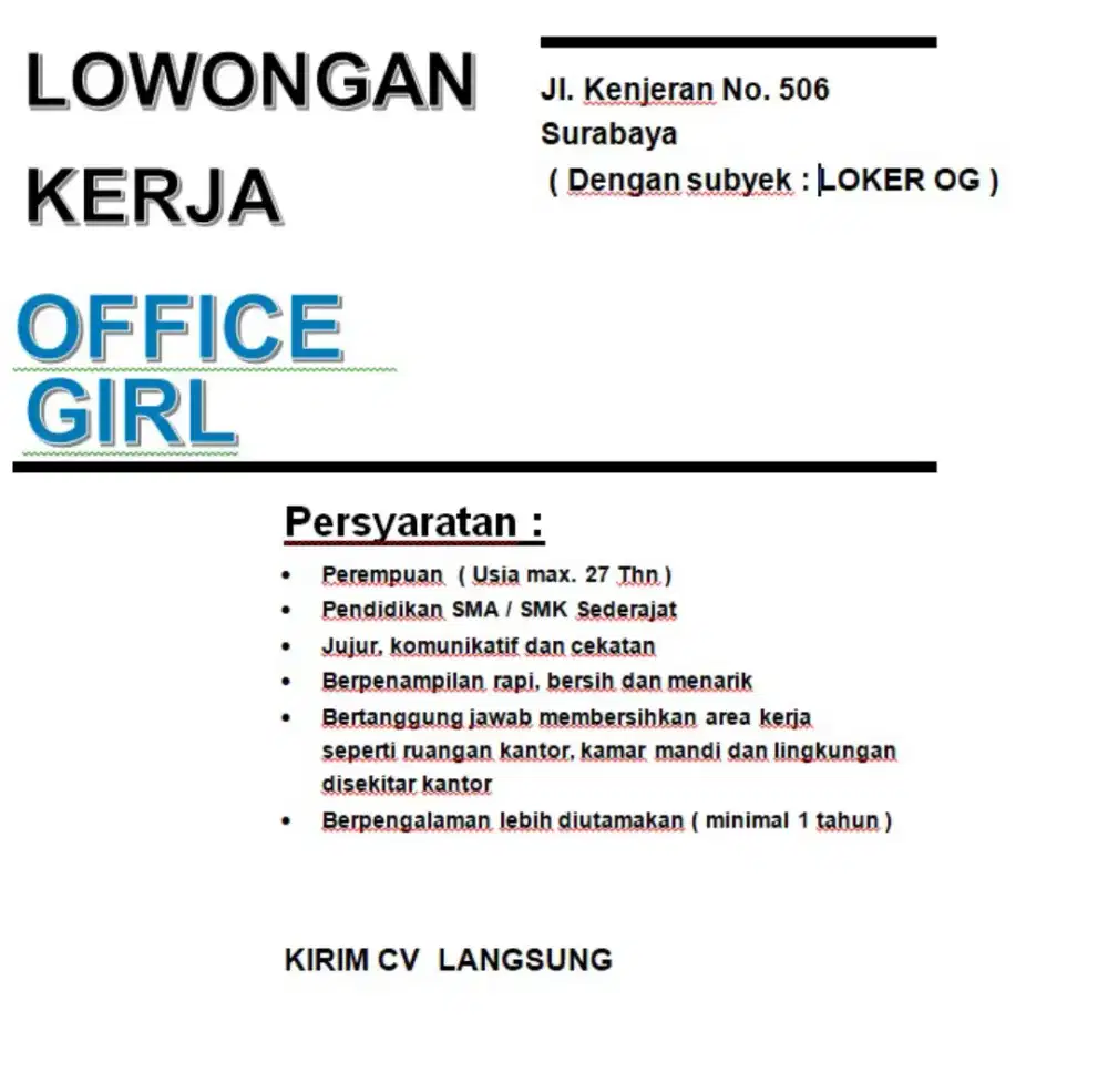 DIBUTUHKAN SEGERA! OFFICE GIRL