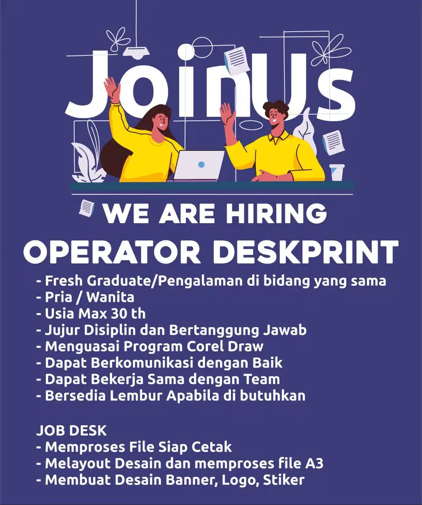 LOWONGAN KERJA OPERATOR DEKSPRINT PERCETAKAN