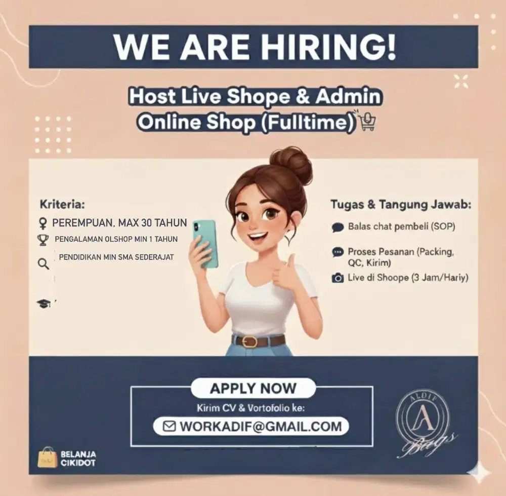 Lowongan kerja : Host live - Admin Online Shop ( PEREMPUAN)