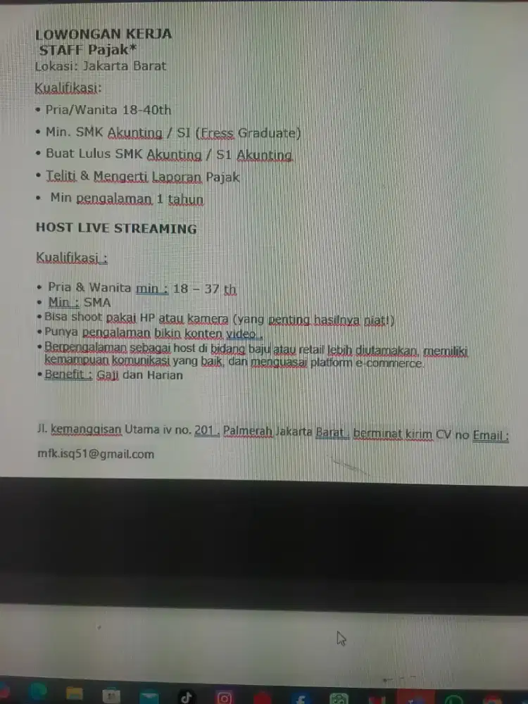 Lowongan kerja adm dan host live