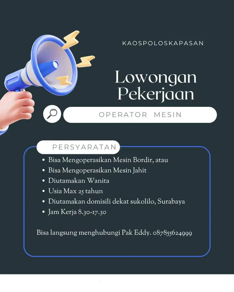 Dibutuhkan segera Operator Mesin Bordir atau Mesin Jahit