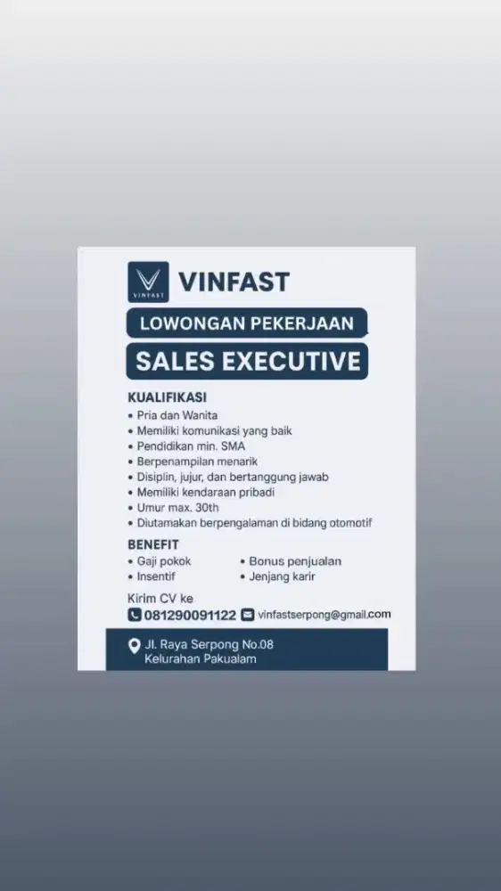 Loker Sales mobil listrik VINFAST