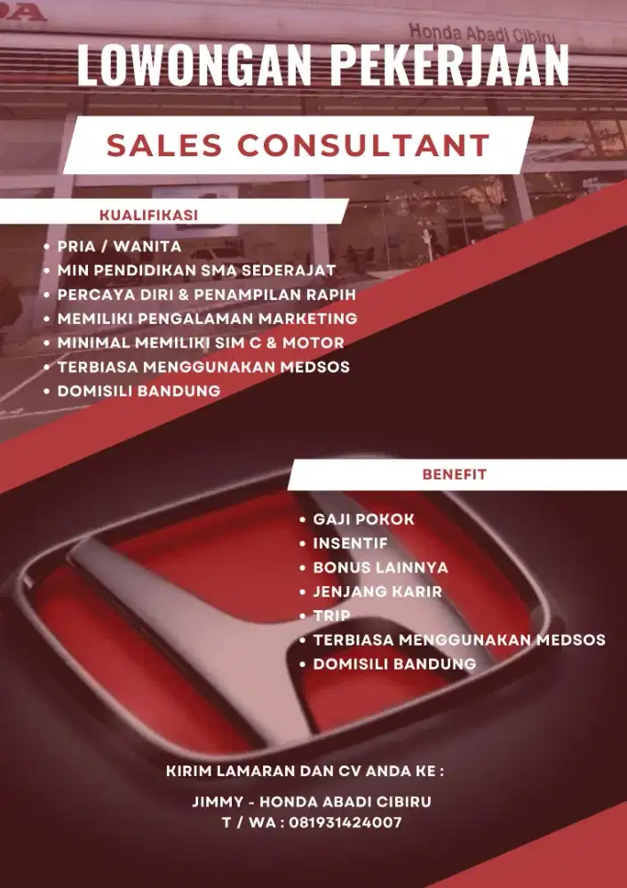 Sales Consultant Showroom Mobil Brand Honda