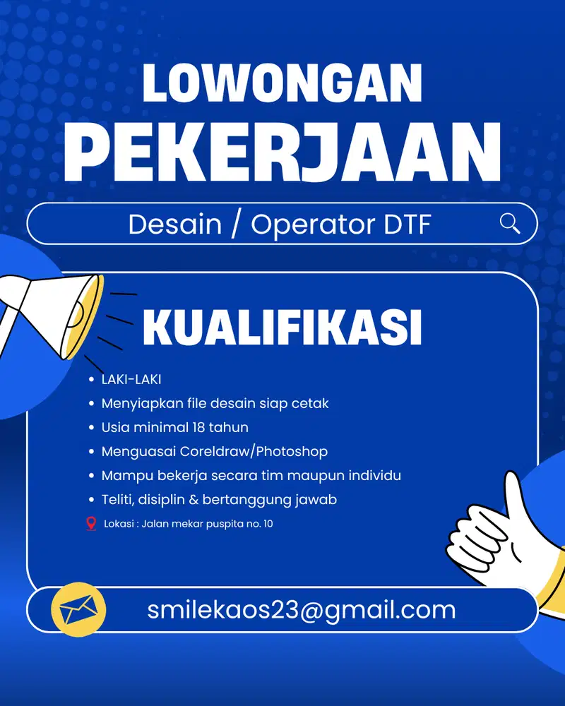 Lowongan desain gambar dan Operator Mesin Sablon DTF