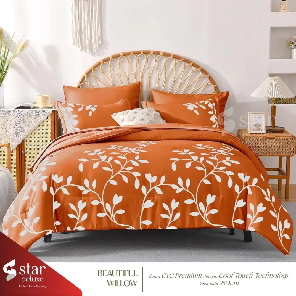 Sprei katun motif daun warna terracota