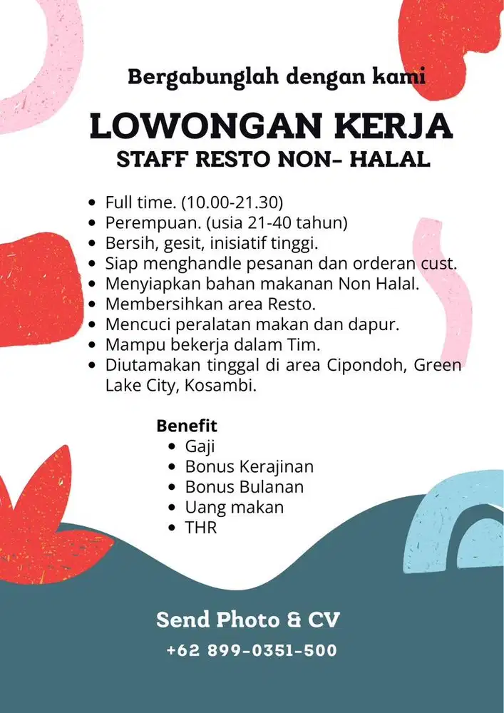 LOKER STAFF WANITA UNTUK RESTO NON HALAL GREENLAKE CITY