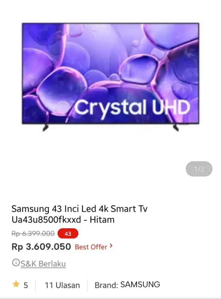 SAMSUNG LED SMART TV CRISTAL UHD 43 INCI
