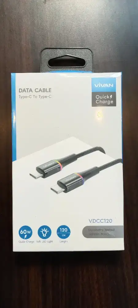Kabel Data Type C Vivan VDCC120 C to C LED 60W Fast Charging Original