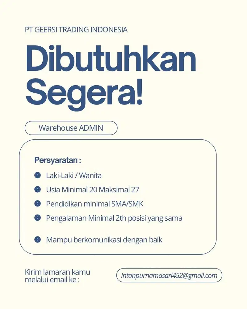 Dibutuhkan Admin Gudang