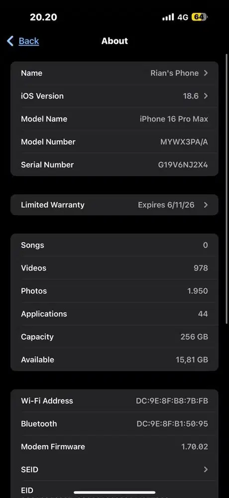 Iphone 16 promax, 256 gb, garansi masih panjang, batre 100%