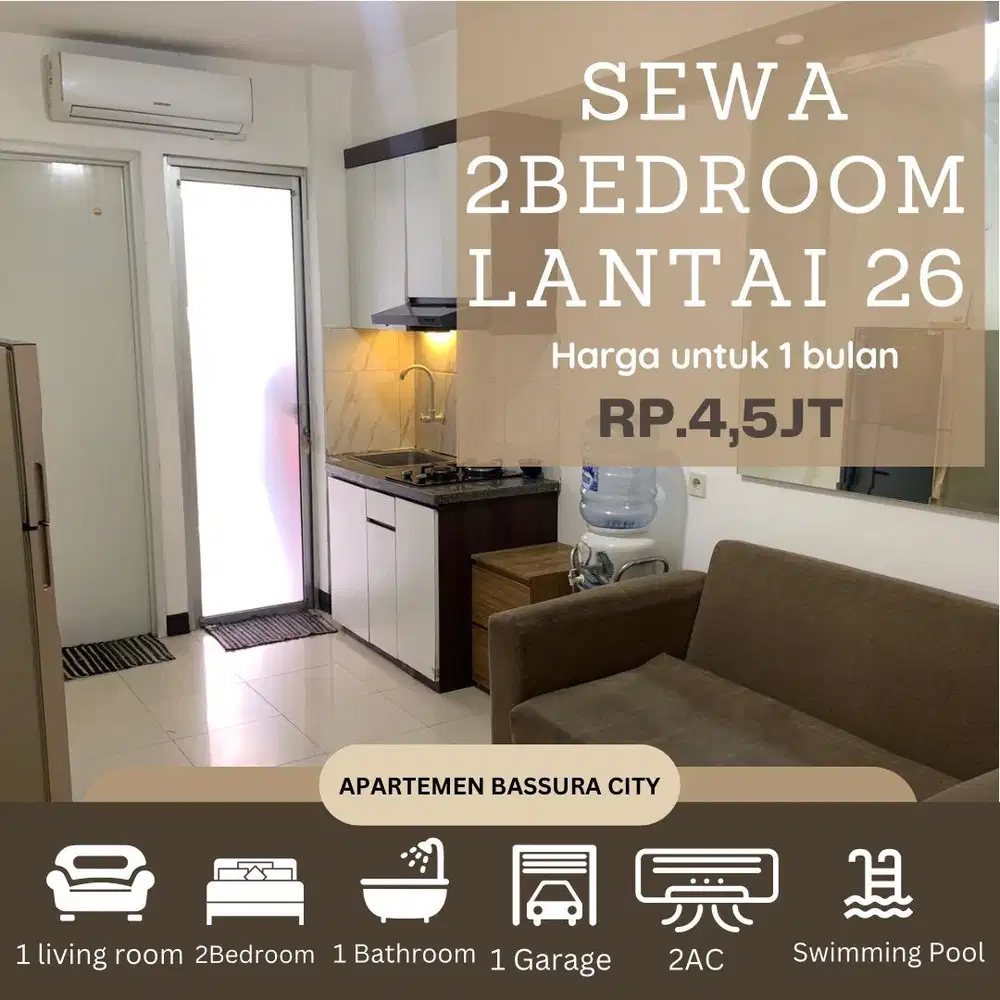 sewa bulanan 2 kamar full furnish atas mall apartemen bassura city