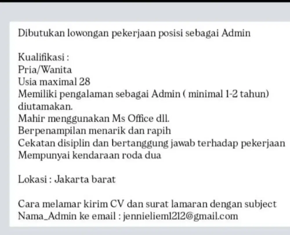 Lowongan pekerjaan Admin