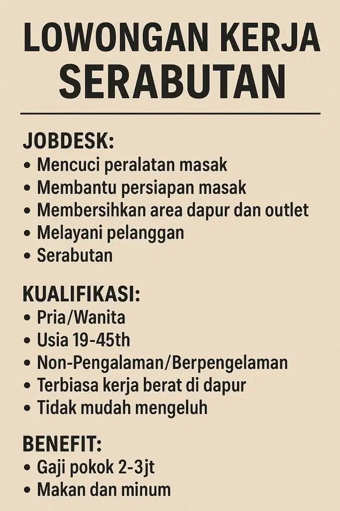Dibutuhkan Crew Outelt
