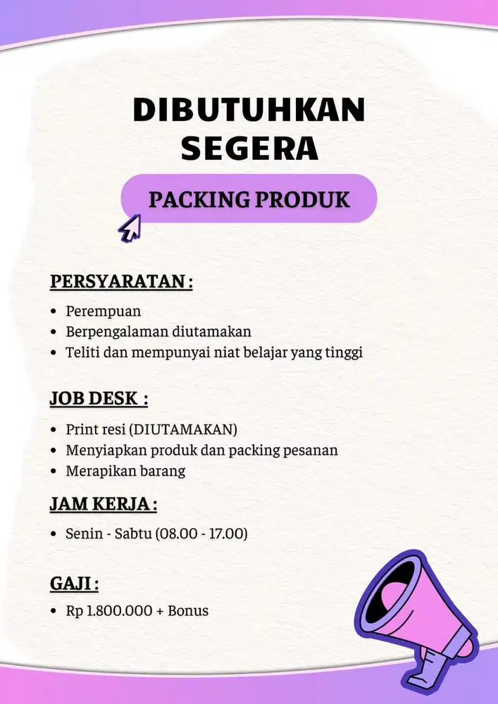 Dibutuhkan segera ADMIN PACKING ONLINE SHOP