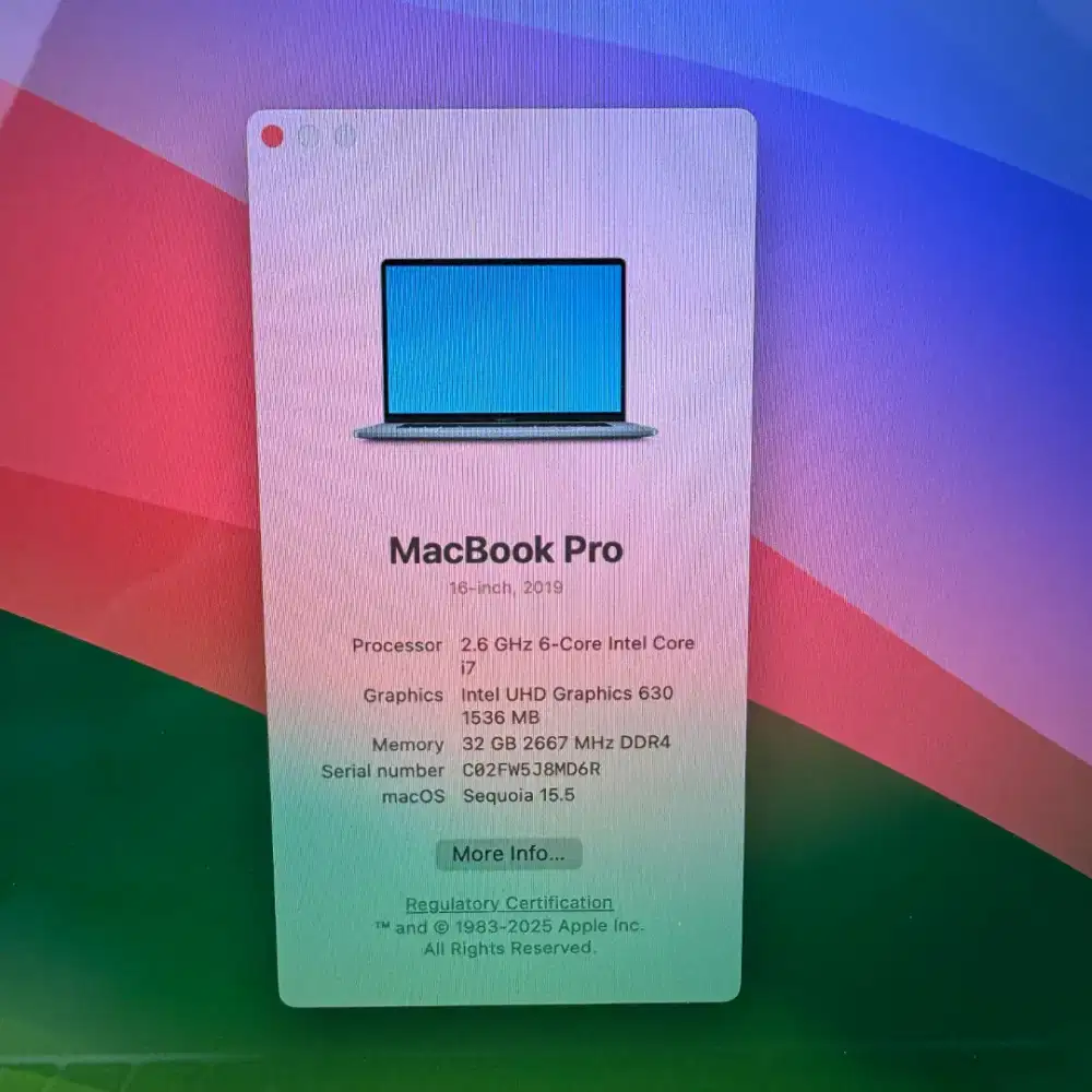 Macbook Pro 2019 layar 16 Inch Ram 32 Ssd 512 Core I7 lengkap full set