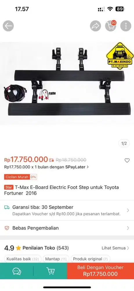 T-Max E-Board Electric Foot Step untuk Toyota Fortuner  2020-2025
