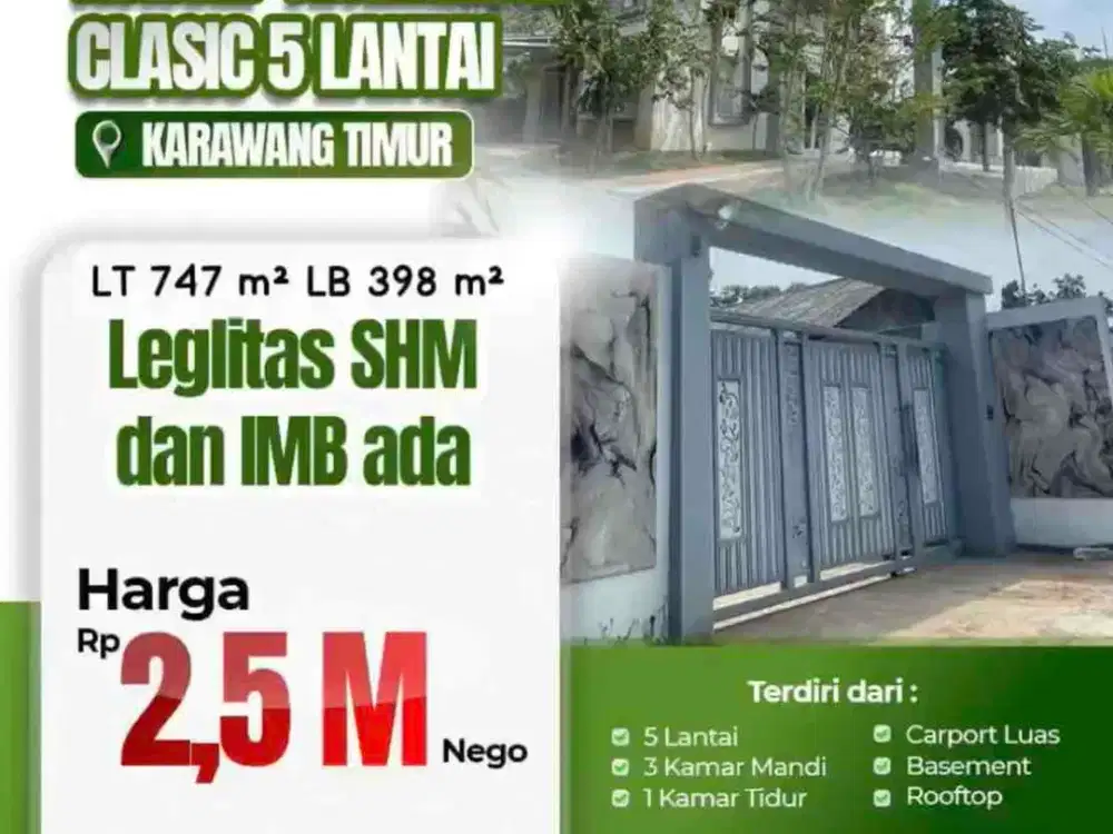Dijuak Rumah American Classic Murah 5 Lantai Ada BASEMENT & Rooftop di Karawang Timur
