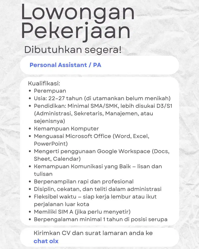 Asisten Pribadi (Personal Assistant / PA) - Jakarta Barat