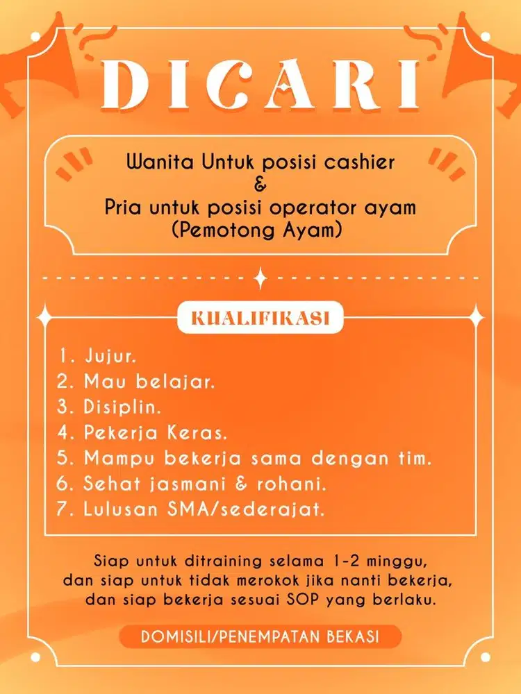 DICARI PEKERJA WANITA DAN PRIA