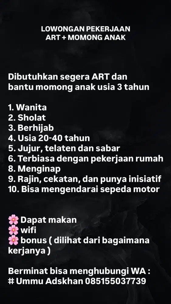 DICARI ART MOMONG ANAK SEGERA AREA JAWA TENGAH SOLO SRAGEN SEMARANG