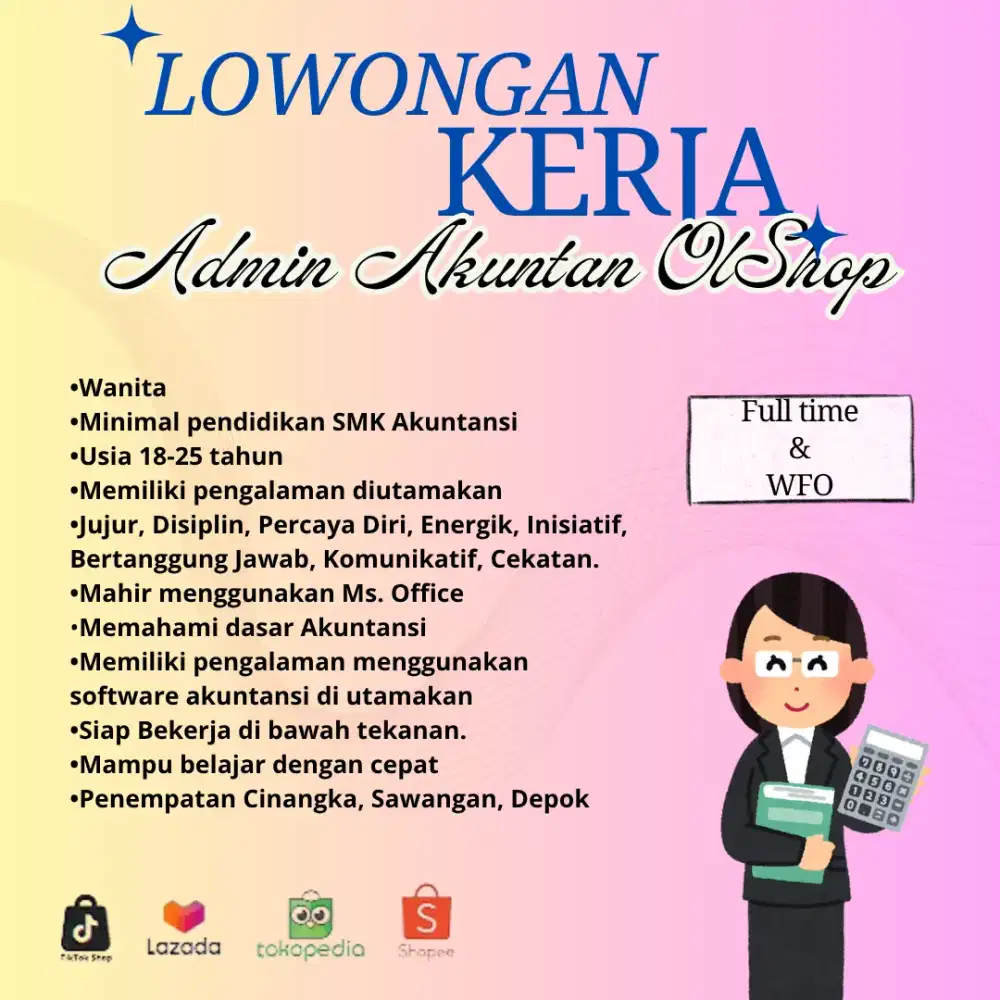 Lowongan kerja admin Akuntan - admin live olshop