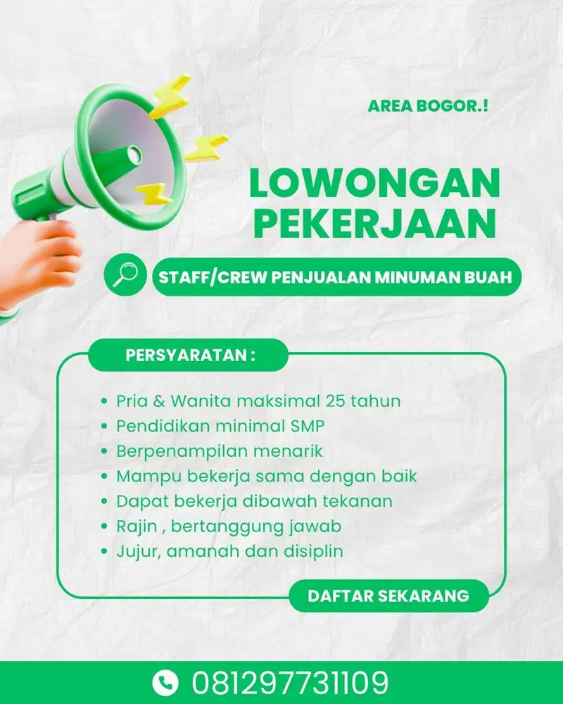 Lowongan kerja,staff penjualan minuman buah,penempatan area bogor