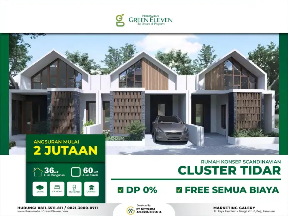 Rumah Murah Tipe 36 di  Pandaan Bangil – Cluster Tidar Green Eleven, Konsep Scandinavian Modern, DP 0% & 0 Jalan Raya