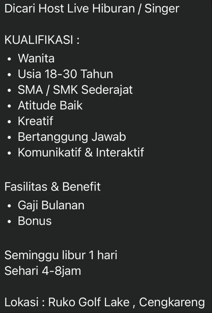 Dicari Host Live yang punya skill nyanyi / Host Live Nyanyi