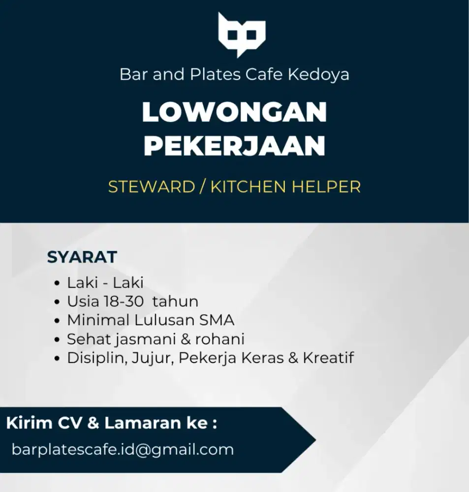 Lowongan Pekerjaan Steward // Kitchen Helper