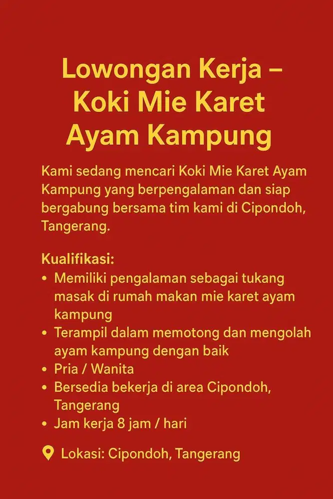 Dicari segera tukang bantu bakmi karet