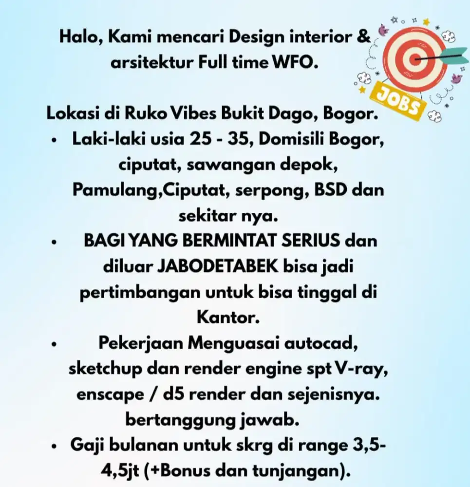 Dibutuhkan Design interior dan Junior Arsitek