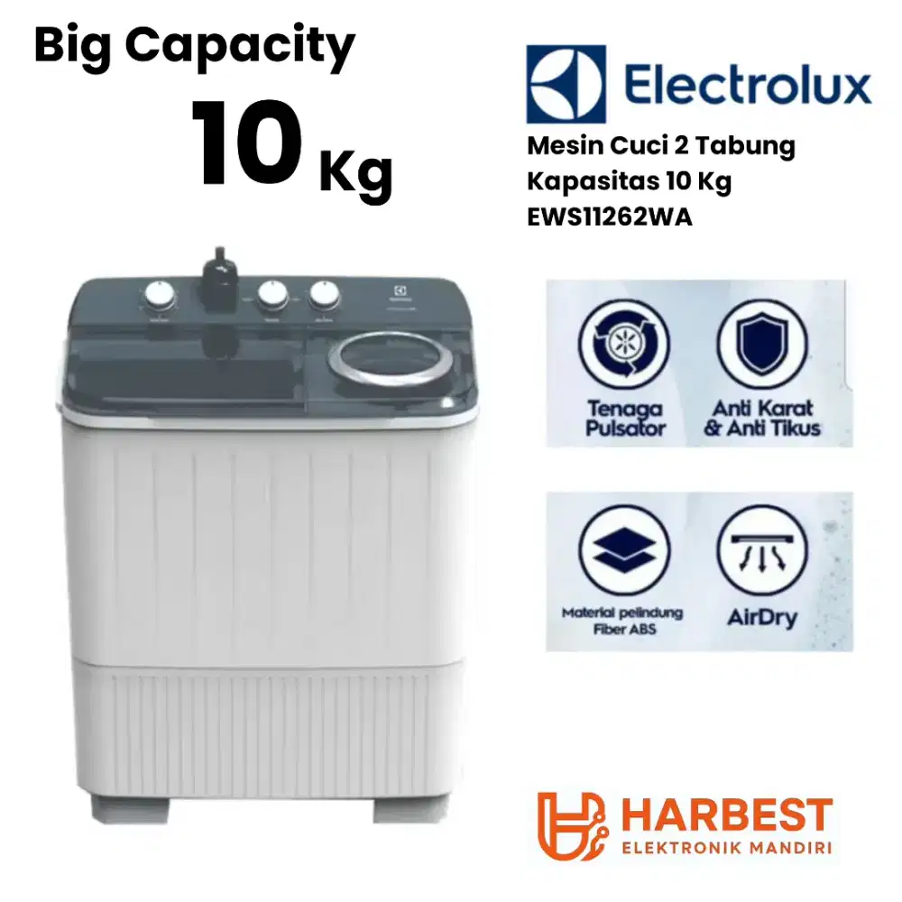 ELECTROLUX Mesin Cuci 2 Tabung Kapasitas Besar 10 Kg EWS11262AW