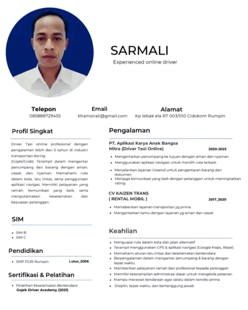 Saya sedang mencari pekerjaan sebagai driver