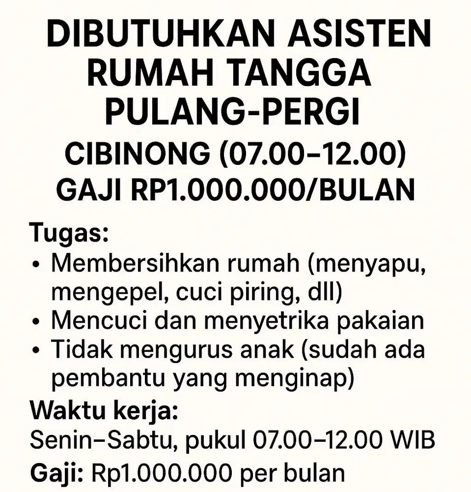 Dibutuhkan ART Pulang-Pergi