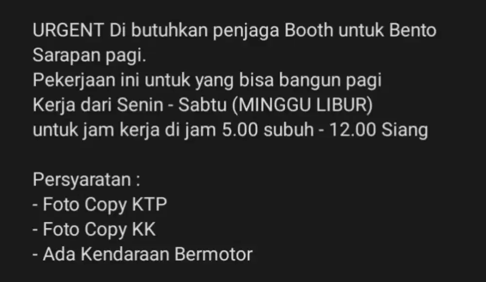 Loker penjaga Booth Sarapan Pagi