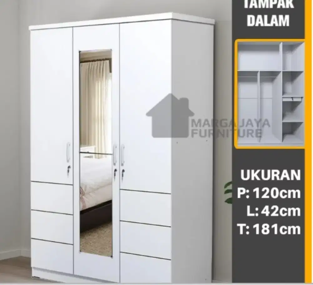 DI JUAL LEMARI PAKAIAN PUTIH 3 Pintu Cermin Panjang KONDISI BAGUS
