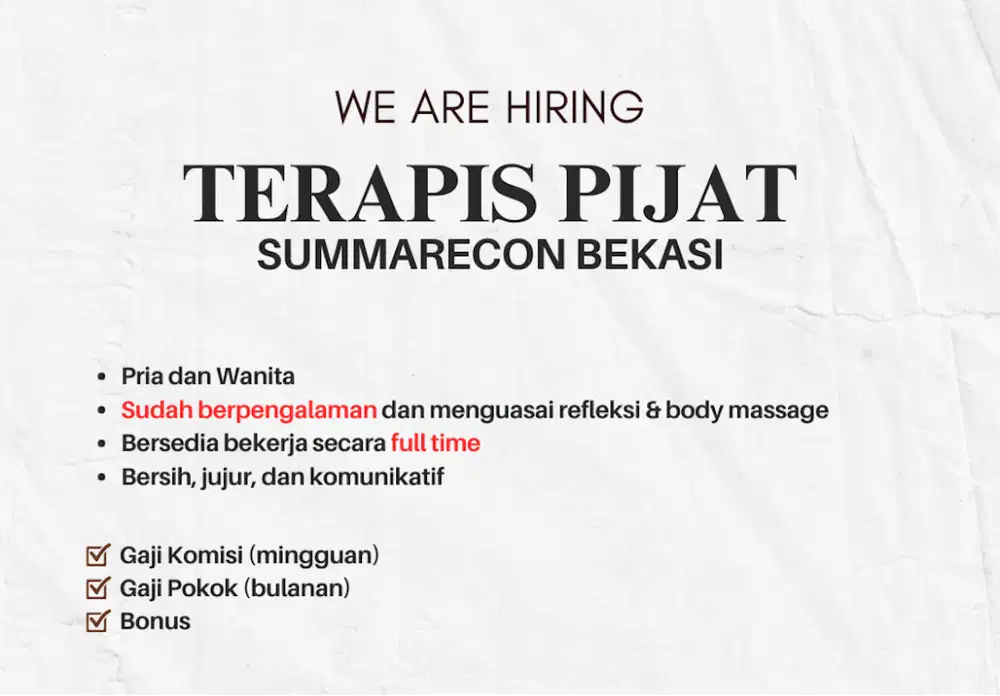 DIBUTUHKAN TERAPIS PIJAT BERPENGALAMAN