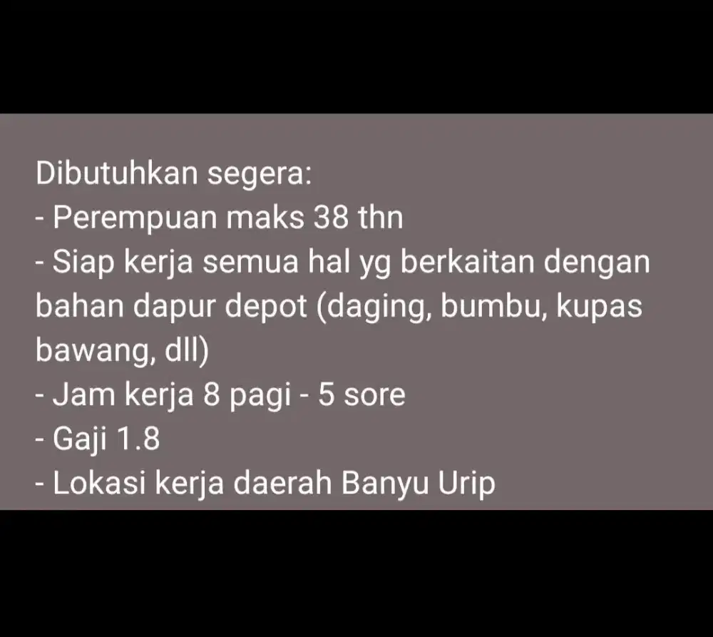 Butuh segera kru dapur