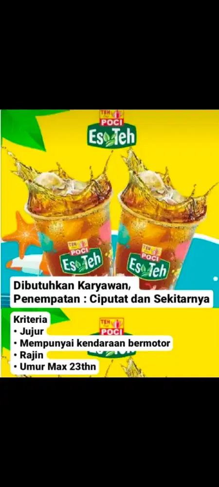 Dicari karyawan laki laki untuk jaga esteh poci