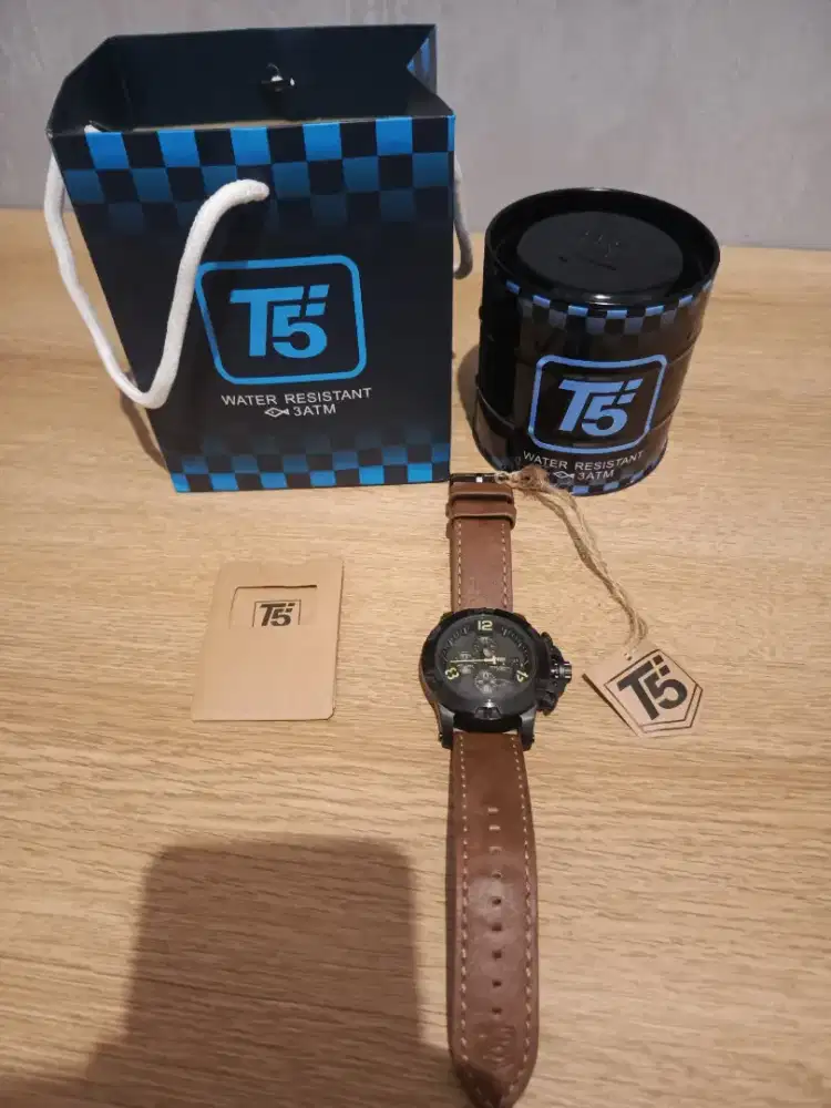 Jam Tangan Pria T5 Original Tali Kulit Tanggal dan Chrono Aktif