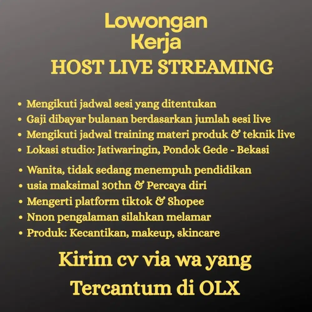 Lowongan kerja Host Streaming Tiktok