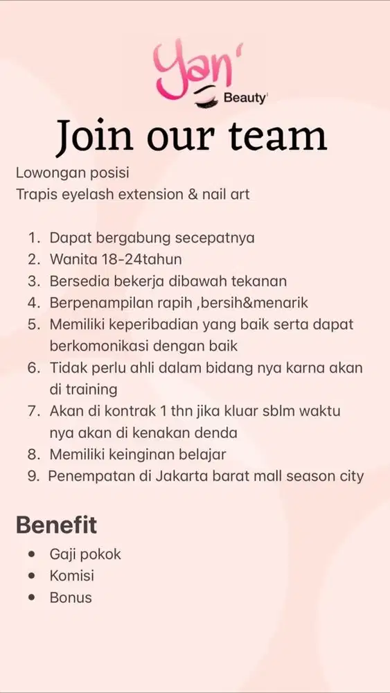 Info segera lowongan kerja di bidang kecantikan