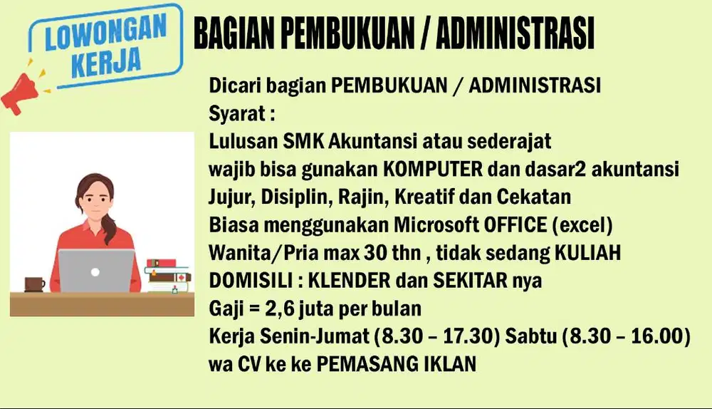 Dibutuhkan bagian ADMIN/PEMBUKUAN