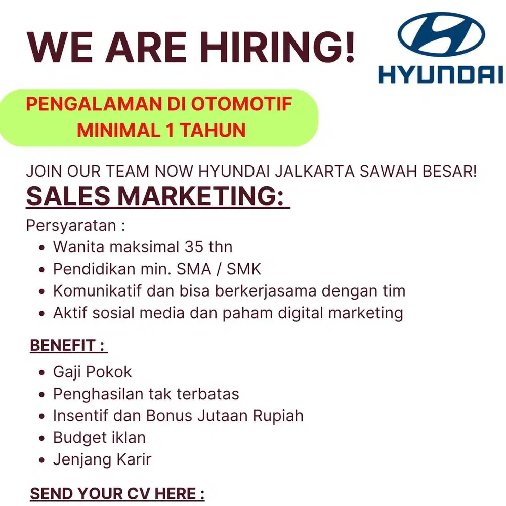 Lowongan Kerja SALES MOBIL HYUNDAI