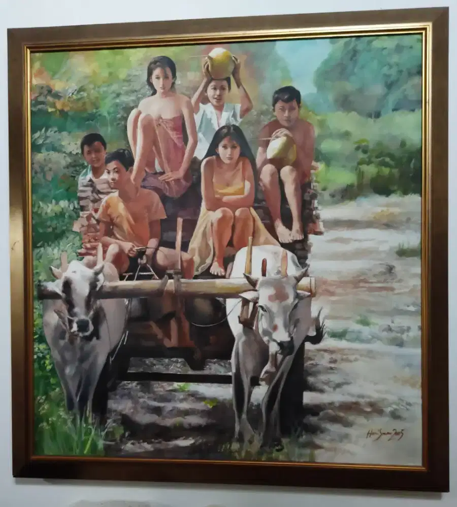 Lukisan kanvas kebahagiaan anak desa