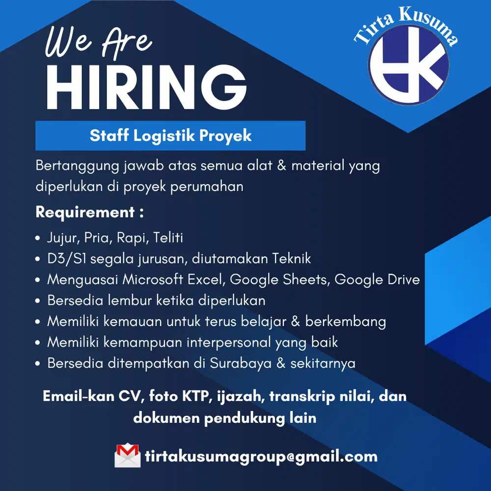 Lowongan Staff Logistrik Proyek - CV. Tirta Kusuma