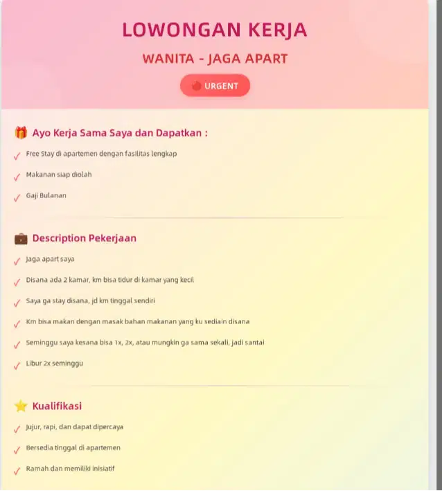 Dibutuhkan Pekerja Wanita (Urgent)